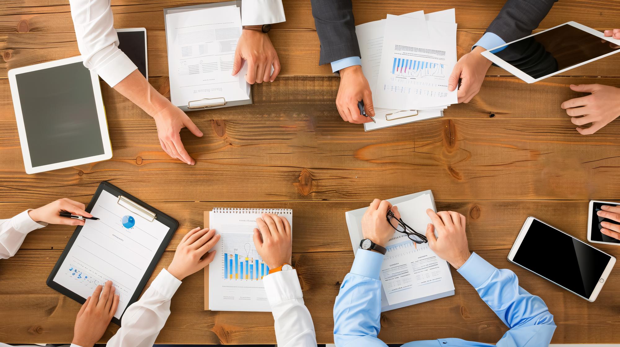 Teamwork am Tisch mit Finanzunterlagen